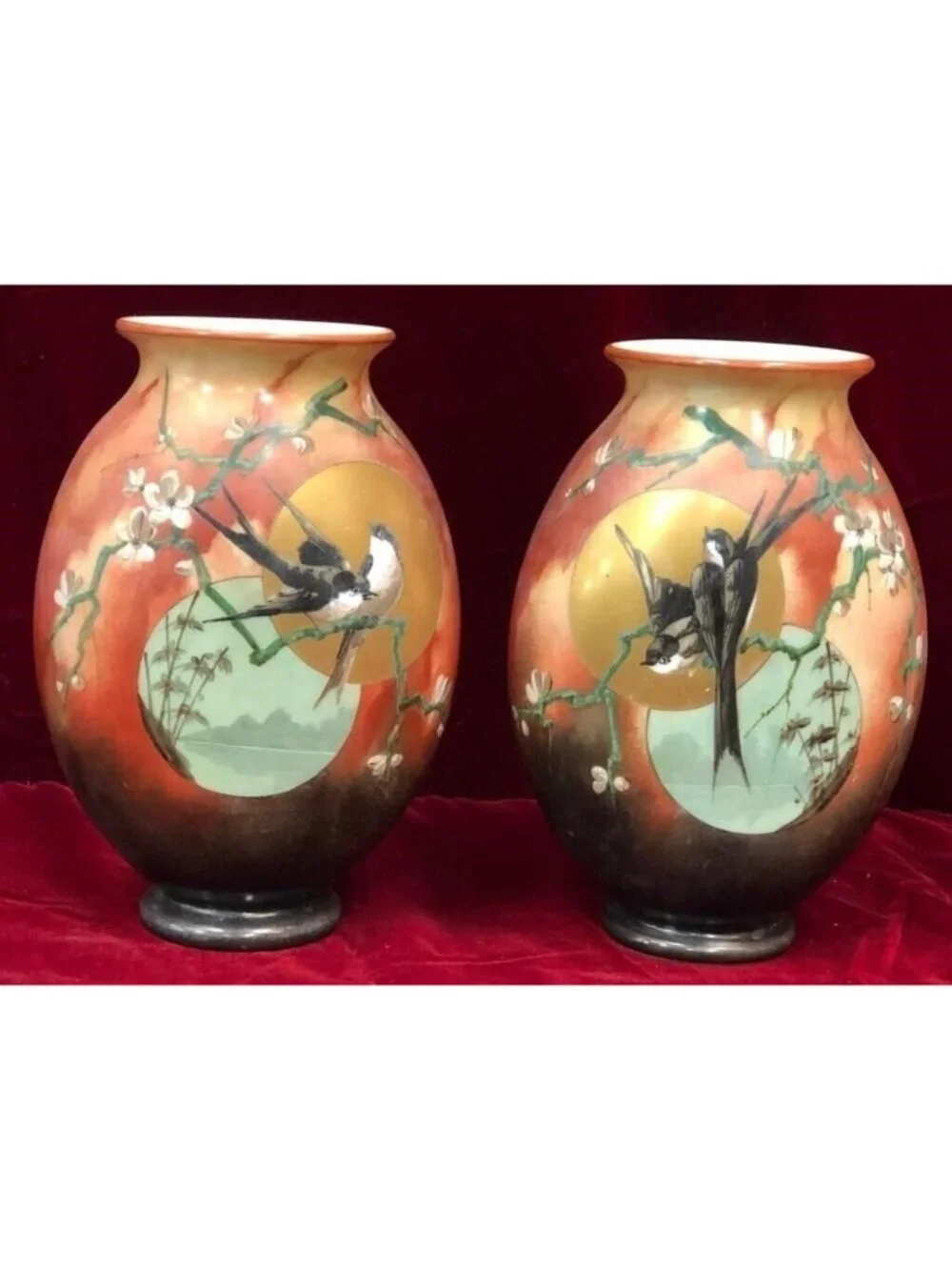 Antique Baccarat Daum Galle Opaline Art  Glass Vase Set Love Bird Apple Blossom